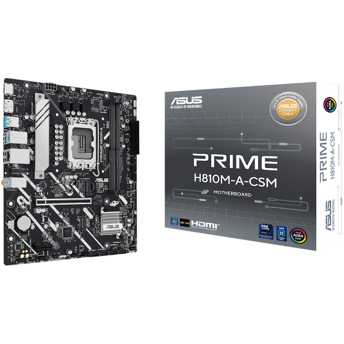 ASUS PRIME H810M-A-CSM LGA1851 mATX MB - Intel H810 2xDIMM DDR5 2xM.2 4xSATA PCIe 4.0 1Gb Ethernet 1xDisplayPort 1xHDMI with Aura Sync - product photo