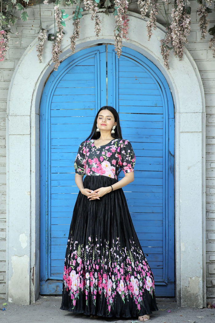 Black Floral Designer Party Wear Full Flared Long Gown