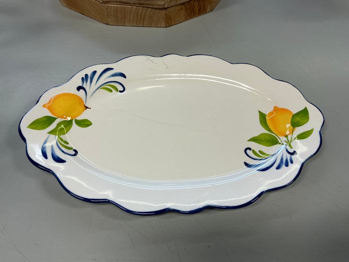Mulhouse 15.75” ceramic oval serving tray white/blue edge - FOR PICKUP ONLY