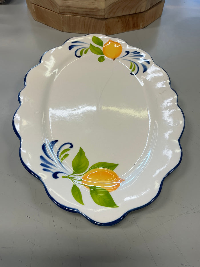Mulhouse 15.75” ceramic oval serving tray white/blue edge - FOR PICKUP ONLY