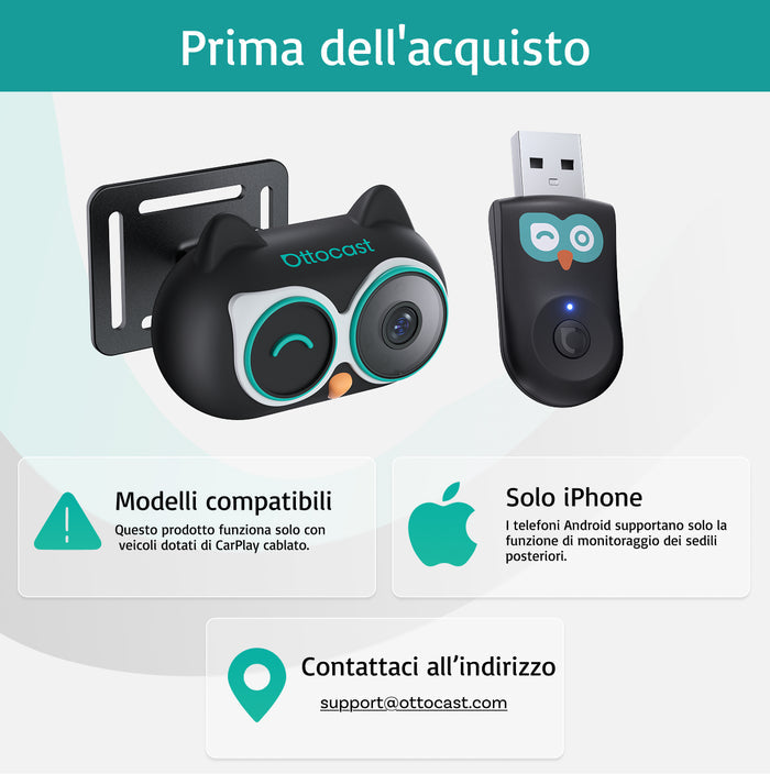 OTTOCAST® Cabin Care Adattatore CarPlay Wireless con Monitoraggio