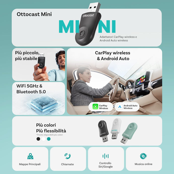 OTTOCAST®2025 Mini Adattatore Wireless CarPlay/Android Auto