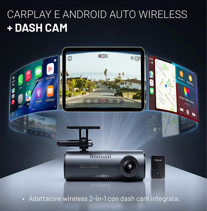 OttoSafe Cam 3 in 1: Dash Cam con CarPlay e Android Auto wireless