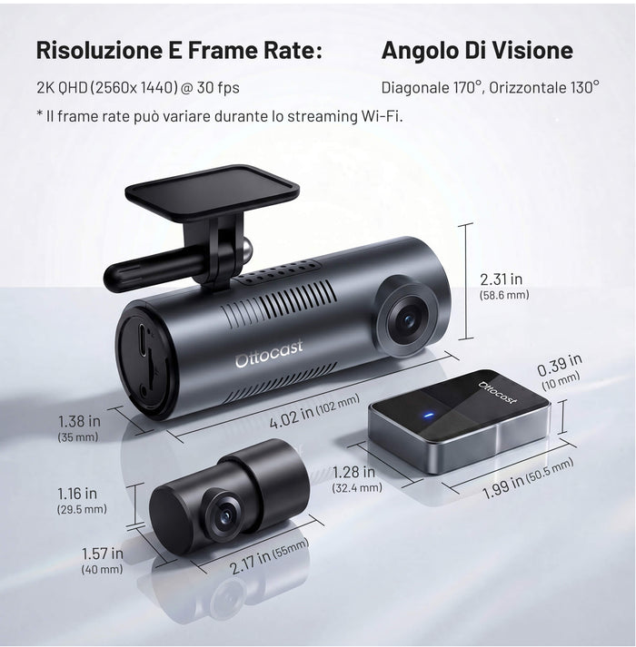 OttoSafe Cam 3 in 1: Dash Cam con CarPlay e Android Auto wireless