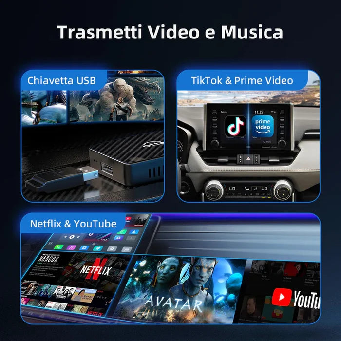 Play2Video Pro | Netflix, YouTube, Prime Video e Adattatore Wireless CarPlay Android Auto