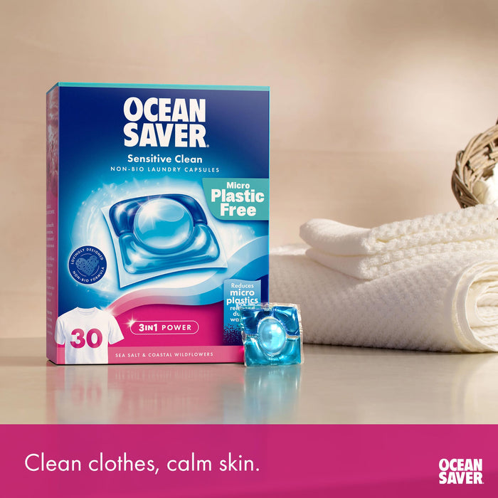 Ocean Saver laundry capsules packaging with a towel in the background