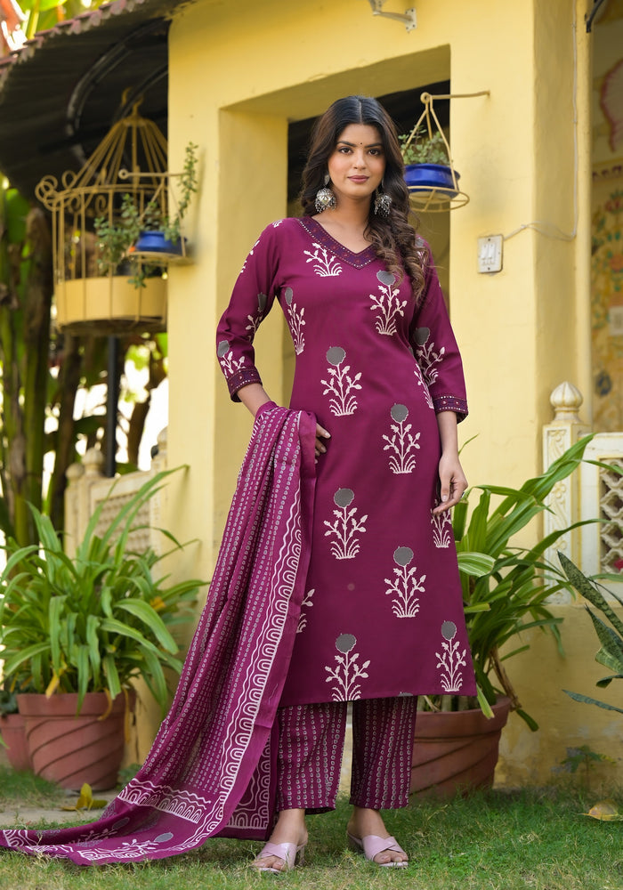 Wine Color Straight Kurta Set with Bottom Wear and Dupatta