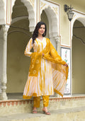 Yellow and White Tie Die printed Kurta Set with Bottom and Dupatta